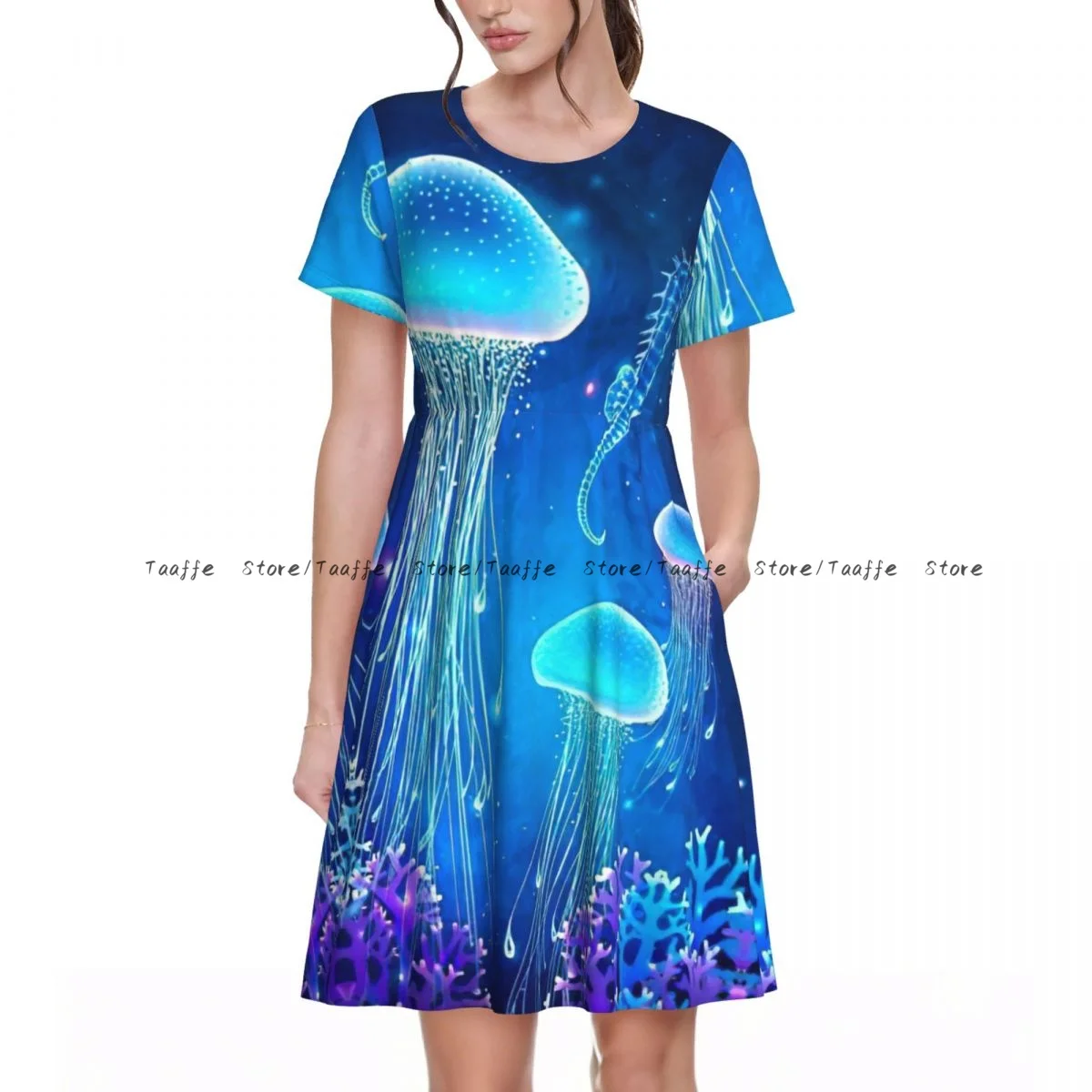 

Summer Women Dress Magic Glowing Jellyfish Underwater Casual Beach Holiday Short Sleeve Round Collar Woman Midi Dress