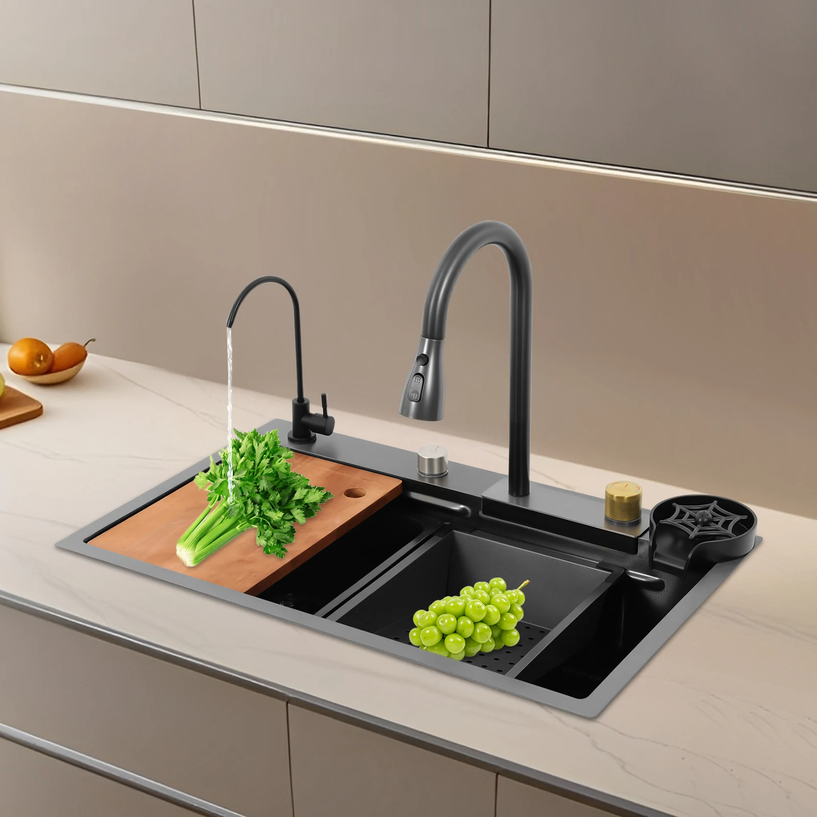 Küchenspüle aus Edelstahl, pistergrau, rechteckiges Haushaltsspülbecken-Set mit Drainagekorb, 2-Wasserhähne, Schneidebrett, Tassenwascher – Detail 7