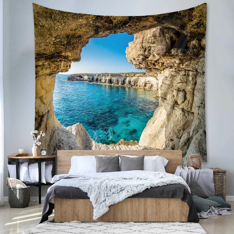 VIKAMA Sea Cave Arch Turquoise Ocean Cliff Tapestry Coastal Seascape Wall Hanging Living Room Bedroom Backdrop Wall Art Decor