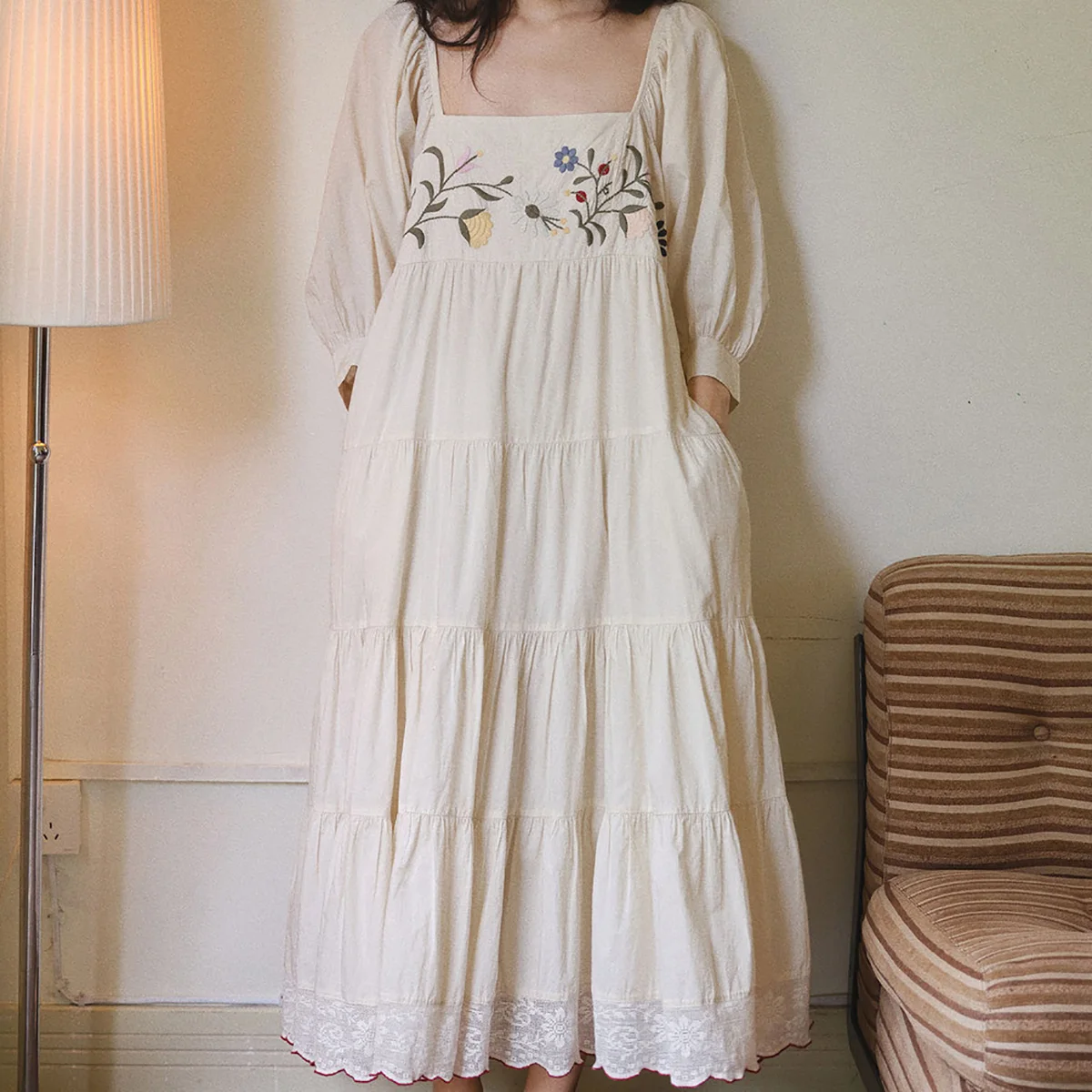 Women Embroidered Lace 100% Cotton French Fairy Nightgown Victorian Sweet Girls Elegant Pajamas Home Wear Spring Sleepwear