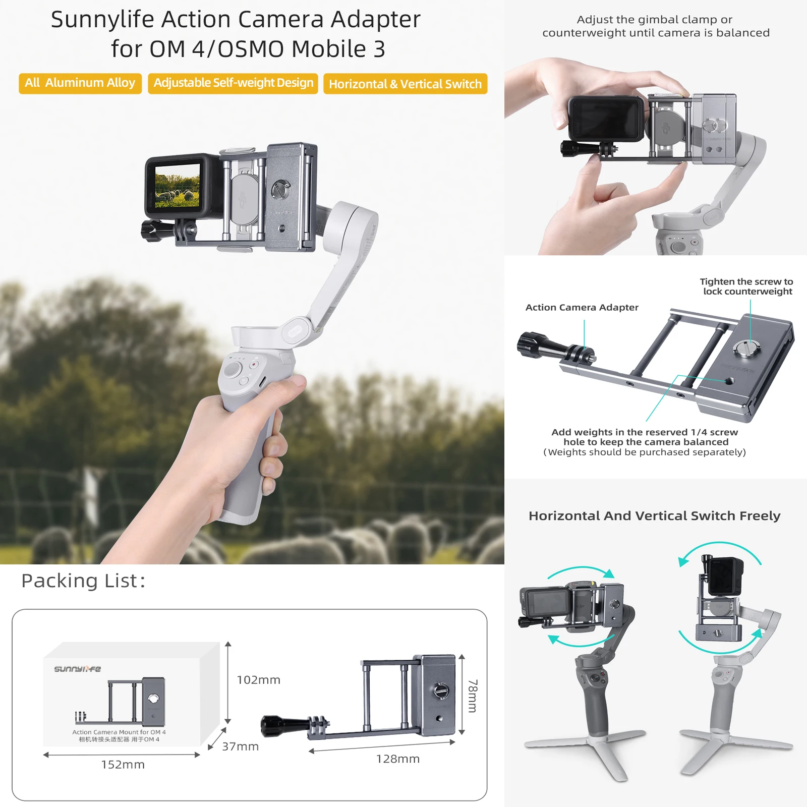 Sunnylife Handheld Gimbal Action Camera Adapter Switch Mount Plate Stabilizer for GoPro 9/8/Osmo Action for OM 4/Osmo Mobile 3/4