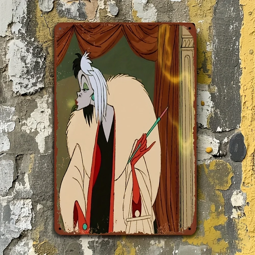 قطعة واحدة من لوحات الحائط الحديدية Cruella De Vil & 101 Dalmatians تحت عنوان - مقاس 8 × 12 بوصة، مرخص رسميًا، لافتة معدنية مزخرفة للمنزل والمكتب #1