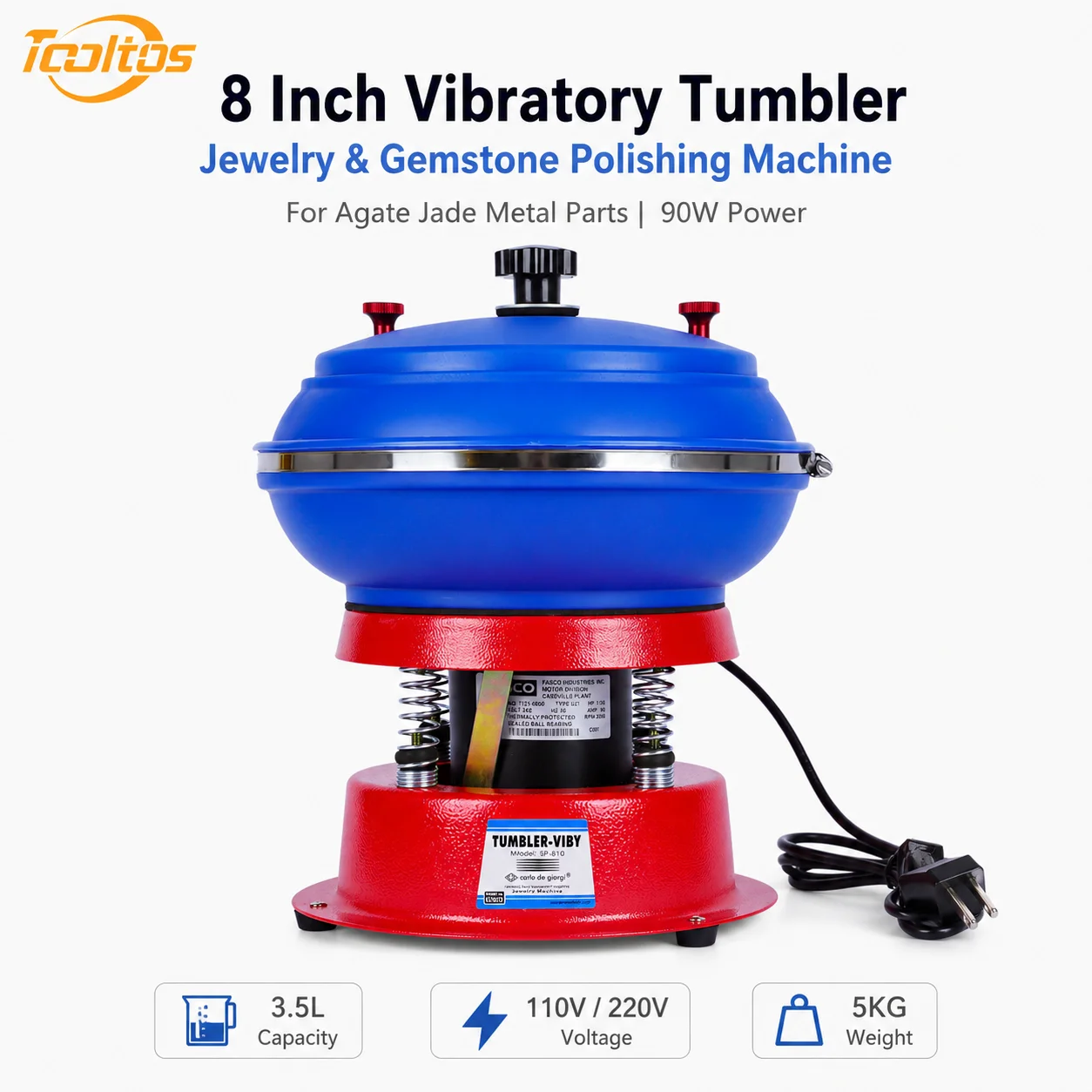 TOOLTOS 8 Inch  Vibratory Tumbler 90W Jewelry Polishing Machine for Agate Jade Metal Gemstone