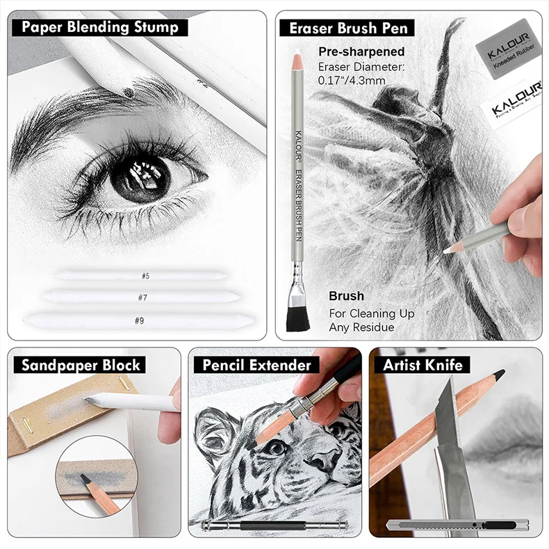 KALOUR Premium Skizzierstift-Set in Eisen-/Kartonbox, Kohlestifte, Zeichenset, Geschenk zum Schattieren/Detailieren/Verblenden/Hervorheben – Detail 4