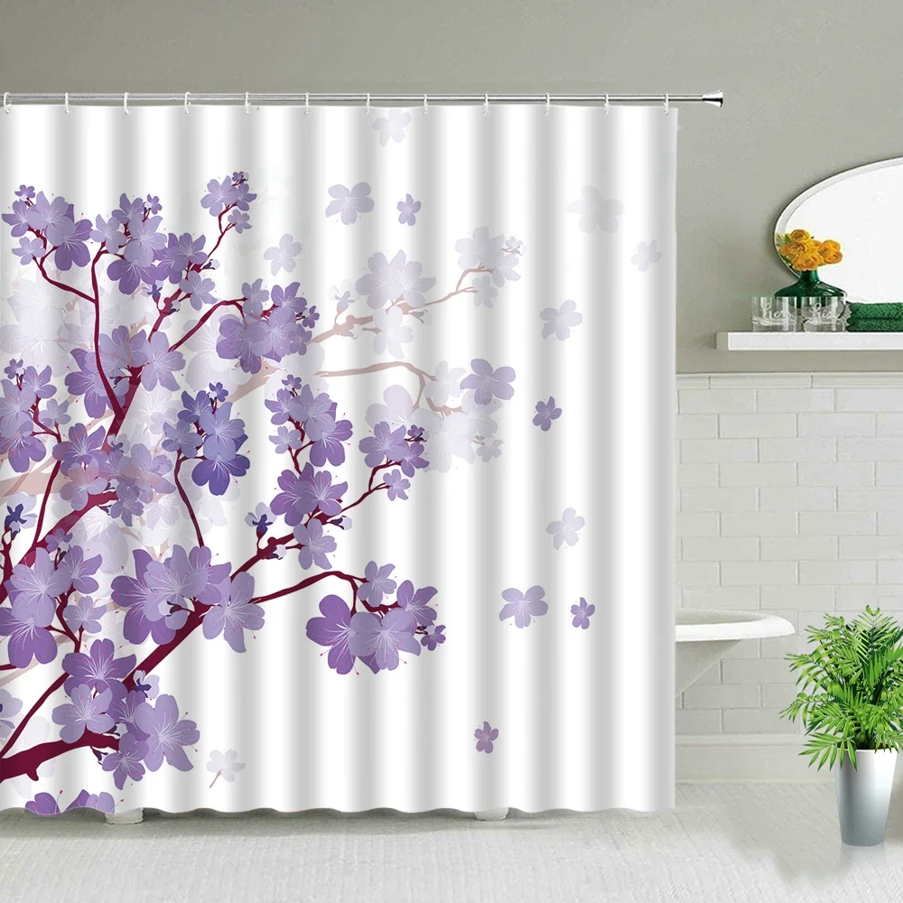 Modern Scenery Print Shower Curtains Pink Purple Flowers Trees Chinese Style Floral Bathroom Curtain Waterproof Fabric With Hook