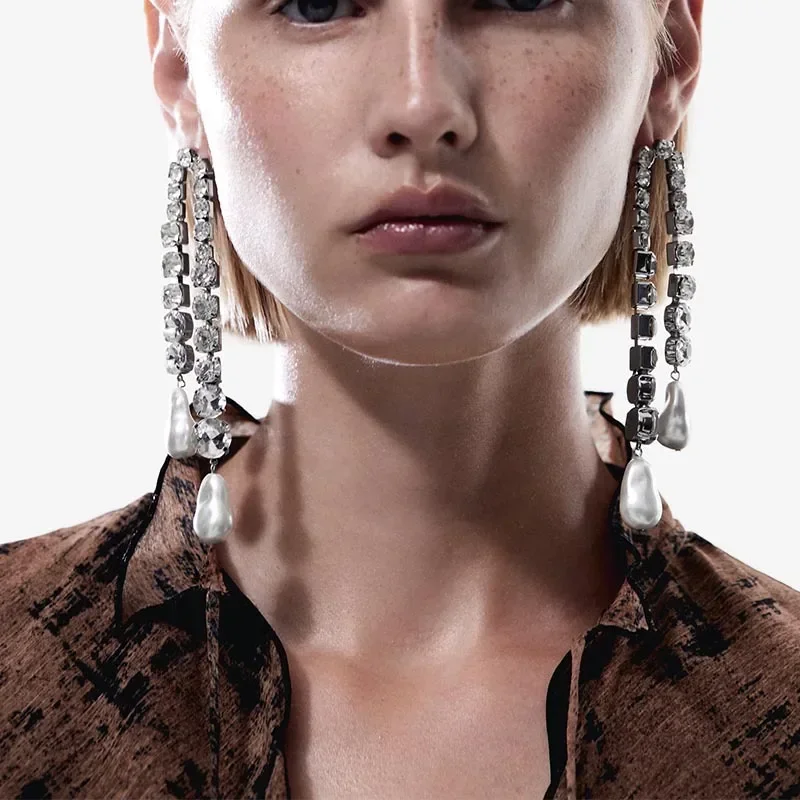 Stylish Simple Rhinestone Tassel Earrings, Pearl Drop Earring for Women