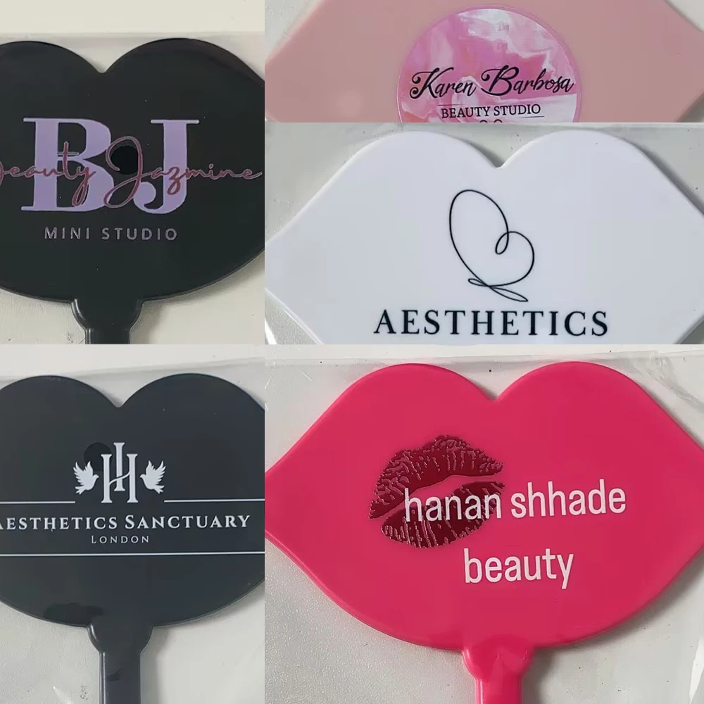 Hand Mirror Custom Logo Eyelash Extension Salon Personalized Square Lip Shape Hand Hold Mirror Lash Artist Salon Accessories