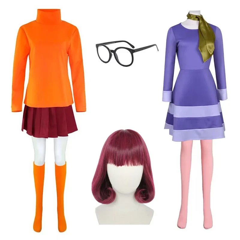 

Anime Movie Velma Cosplay Costume Full Sets Orange Blue Uniform Suits for Women Adult Halloween Carnival Party Clothes Roleplay