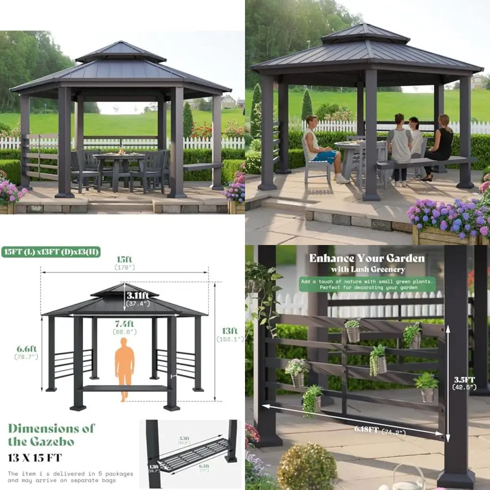 

Hexagonal Metal Patio Gazebo with Double-tier Roof, Aluminum Base, and Ceiling Hooks