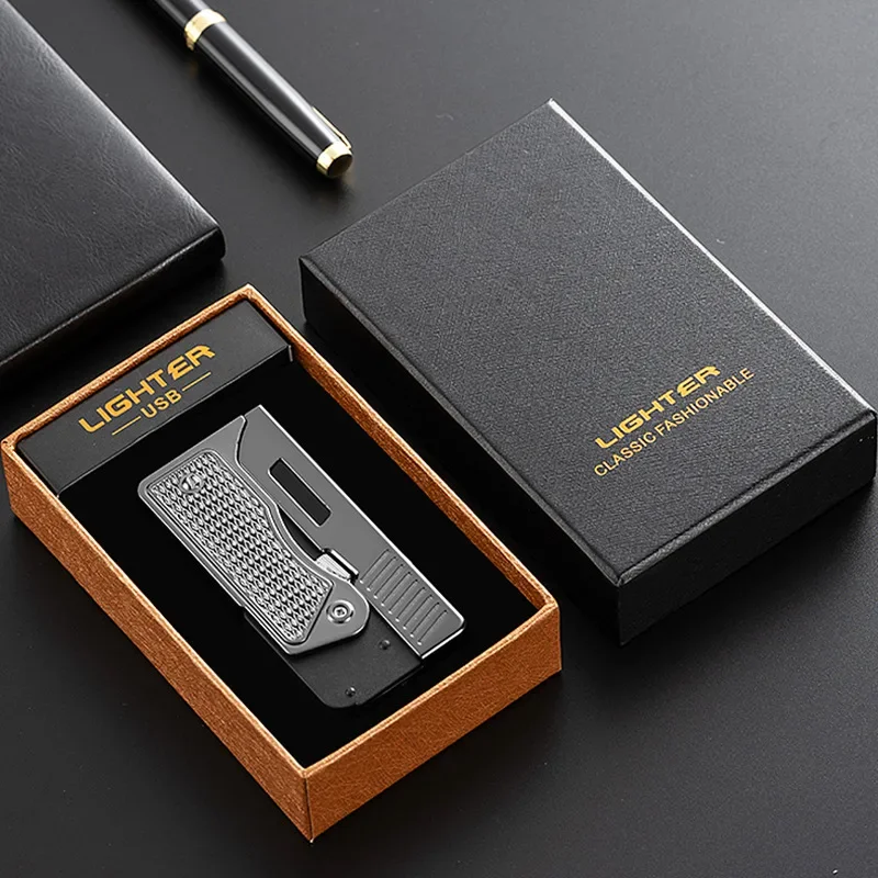 1PCS Mini Creative Folding Double Flame Pistol Lighter Outdoor EDC Pneumatic Electric Dual Arc Wind proof Igniter (with Giftbox)