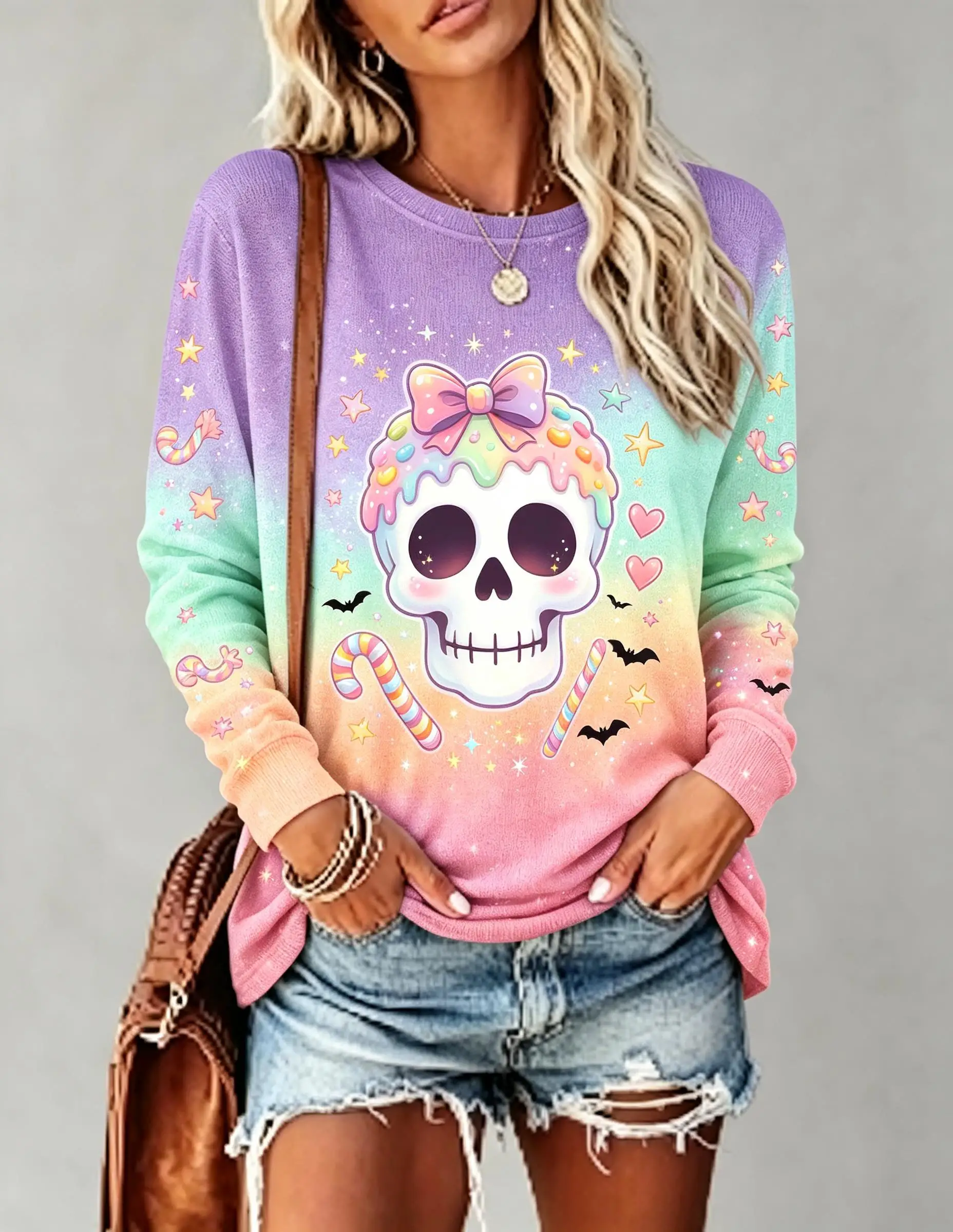 Women Halloween Long Sleeve T‑Shirt Pastel Candy Skull Bow Cane Bat Print Crew Neck Tops