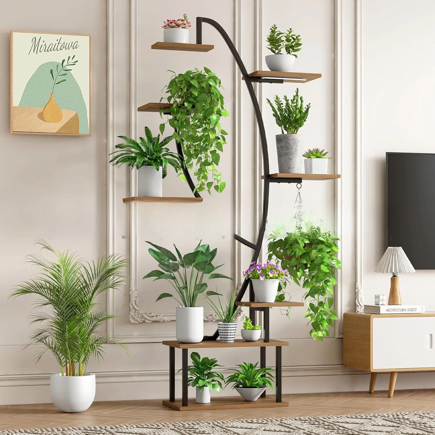 Balcony flower stand indoor three-layer iron-wood combined shelf succulent dill plant stand iron flower stand