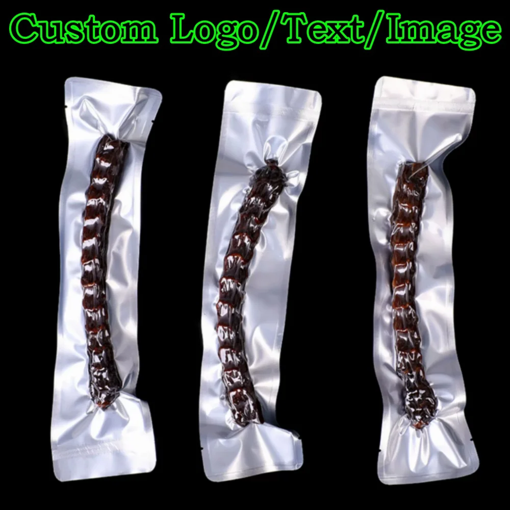 100PCS Long Aluminum Foil Vacuum Storage Bag DIY Logo Duck Necks Meat Skewers Prawns Sausages Chicken Legs Packaging Pouches