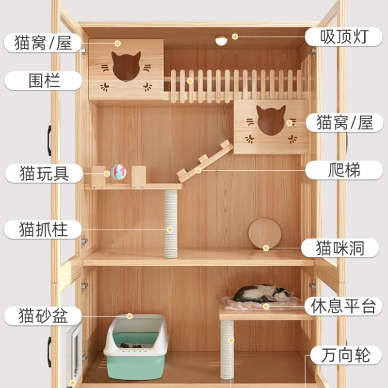 Solid wood cat cage villa oversized cat house luxury cabinet nest kitten room double layer three layer household