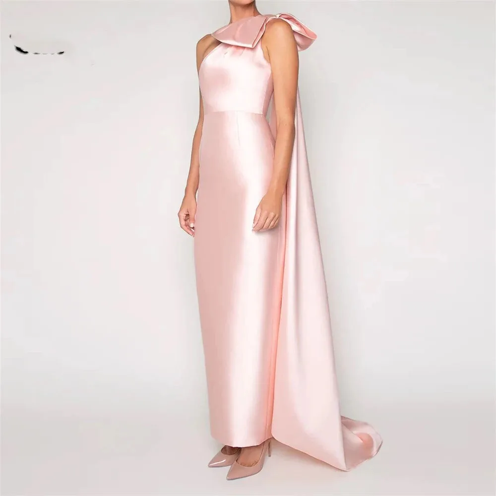 

Blush Prom Dress Long 2024 Big Bow Sheath One Shoulder Satin Pageant Evening Gowns Robe De Soiree Vestido LargoCL-740