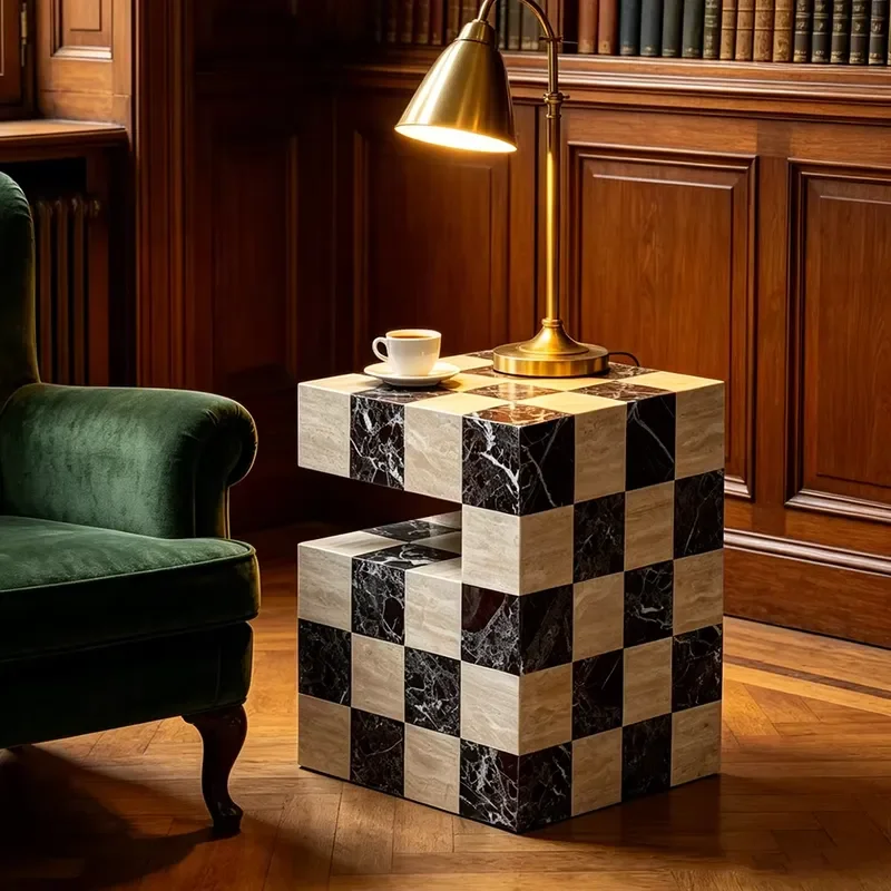 Modern Scandinavian Checkerboard Marble Coffee Table Geometric Sculptural Natural Stone Accent Piece for Living Room