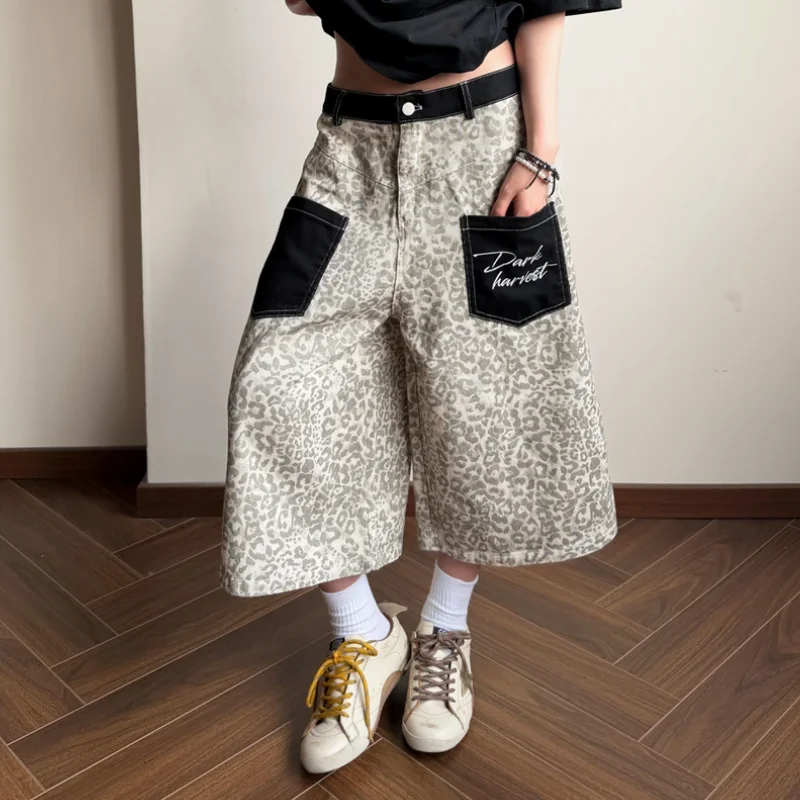 Retro pocket sticker leopard print denim cropped pants boys 2026 summer new loose wide-leg medium shorts