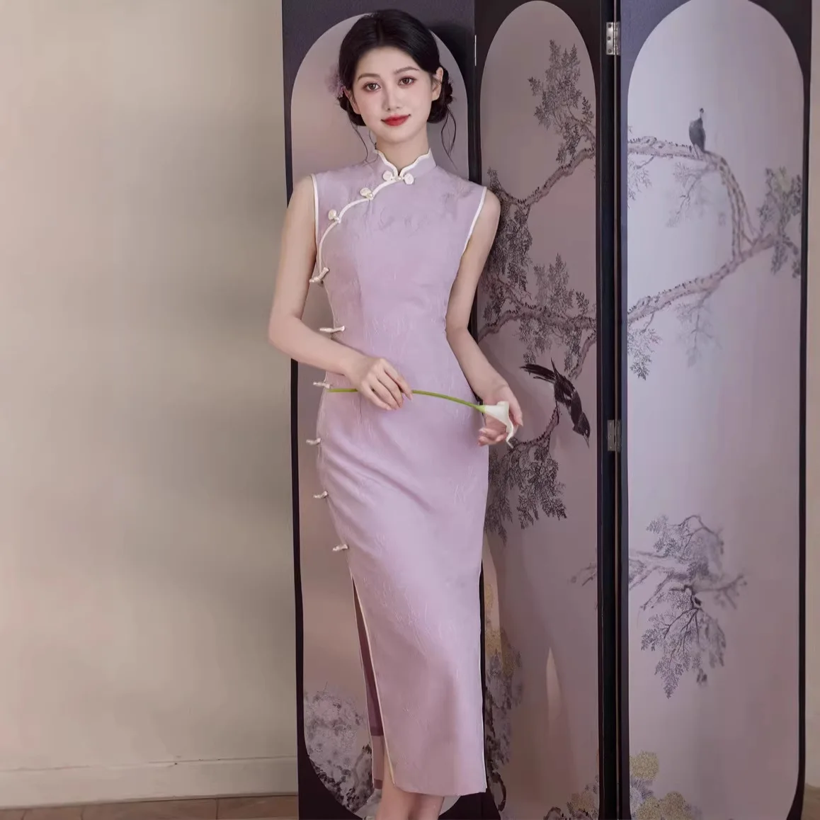 Yourqipao Summer Double-layer Rayon Jacquard Long Cheongsam Sleeveless Light Purple Noble Elegant Qipao Dress for Women