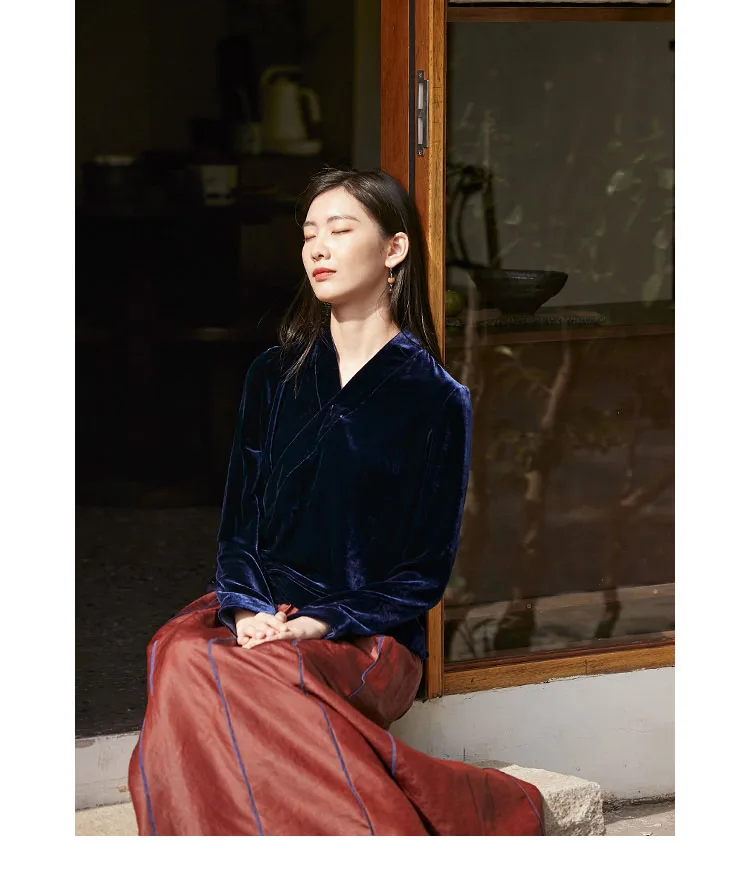 Fengbaoyu High-end Mulberry Silk Velvet Long-sleeved Shirt Casual Temperament Elegant Blue Blouse Soft Comfortable