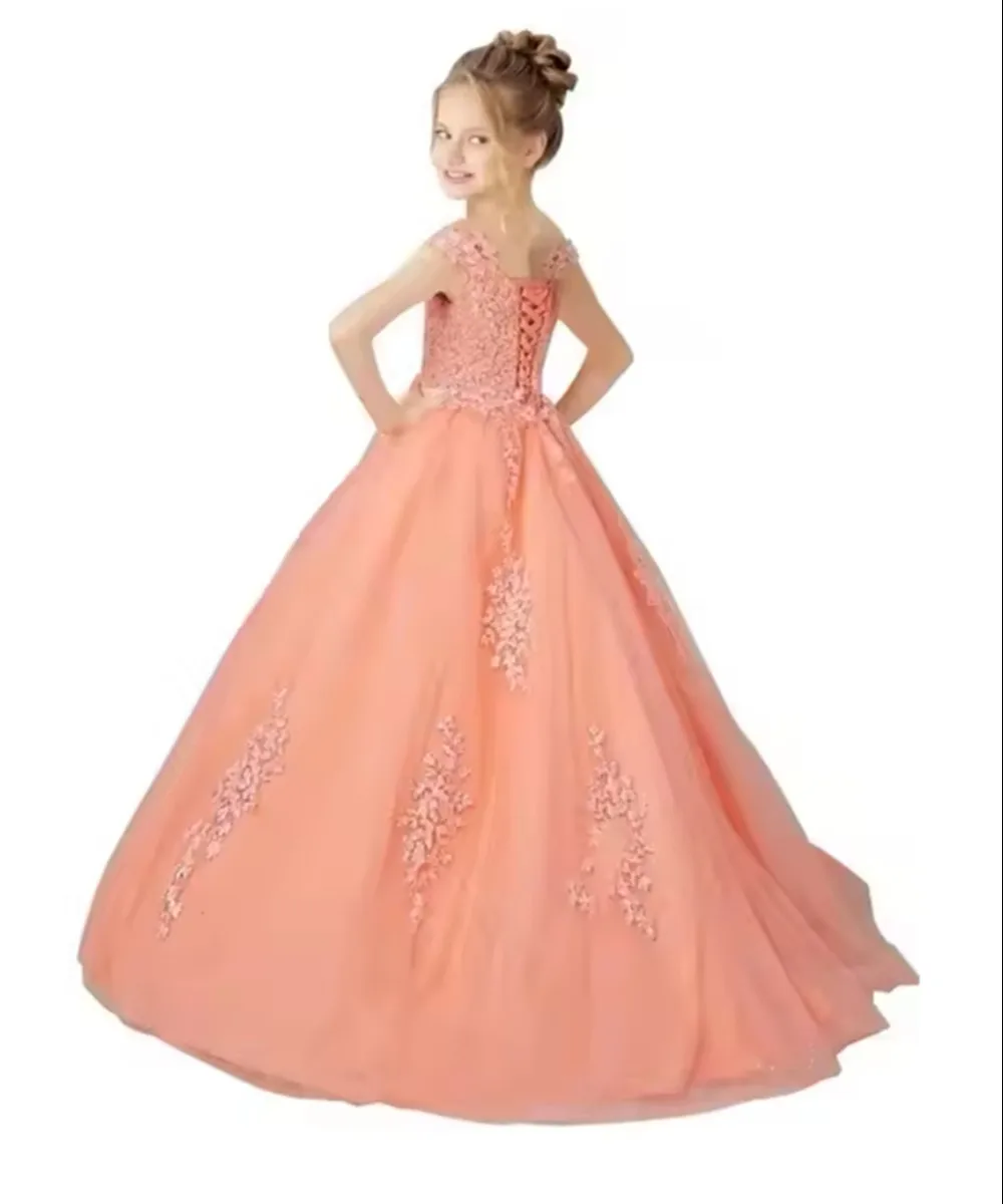 

Off Shoulder Flower Girl Dresses For Weddings Lace Applique Ball Gown Princess Birthday Party Kids Communion Gown