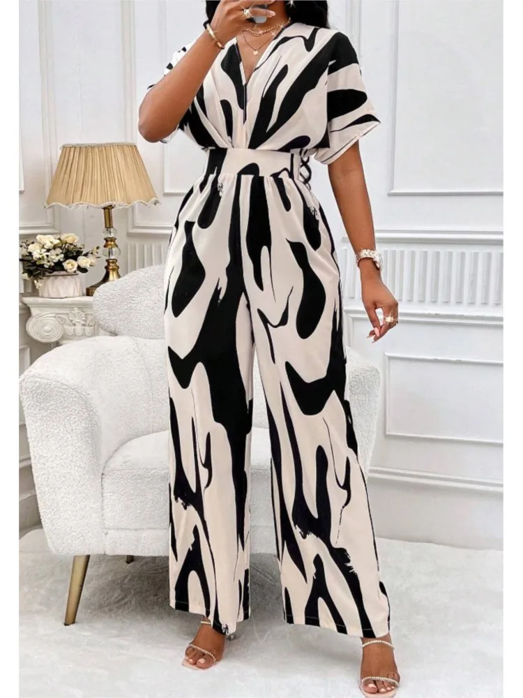 Fashion Wide Leg Jumpsuit Woman 2024 Summer Elegant Short Sleeved High Waist V-neck Full Body Printed Bat Sleeve Jump Suits