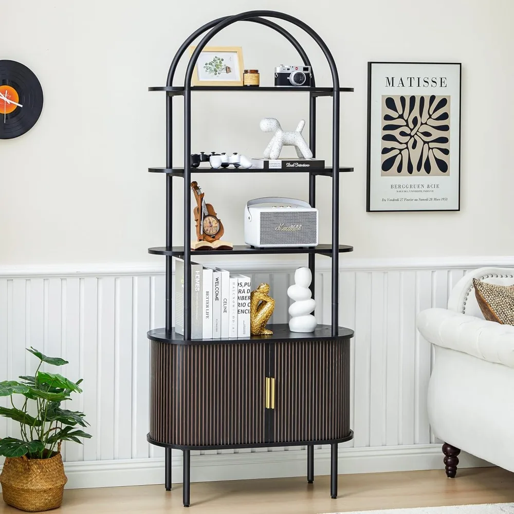 

Tall Arched Bookshelf, Mid Century Modern Fluted Bookcase Cabinet with Sliding Doors, Curved Metal Frame Bookcase,Industrial
