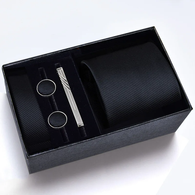 8cm Tie Clip Cufflinks Set Plaid Dot Striped Necktie Wedding Party Ties Set Handkerchief Men Business Gift Box Cosplay Accessory