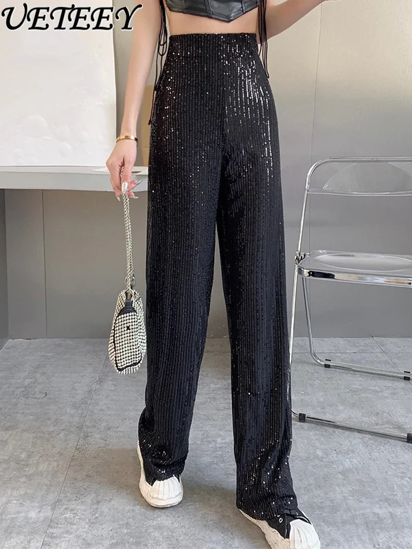 Nightclub Sequined Elastic Waist Wide-leg Pants 2025 Early Spring New Loose Straight Casual Pants Stage Sparkling Trousers Women