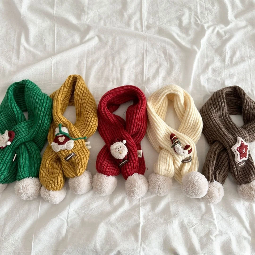 2025 Child Christmas Knitted Cross Neck Warmer Winter Girls Boys Pom Pom Decor Santa Embellishments Warm Baby Scarf Accessory