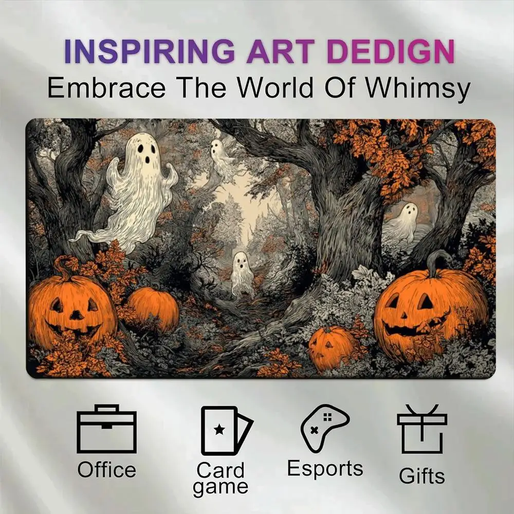 Large Gaming Mouse Pad Halloween Forest Ghost Pumpkin Jack-o'-lantern Pattern Extended Desk Mat Non-Slip Rubber Base Waterproof