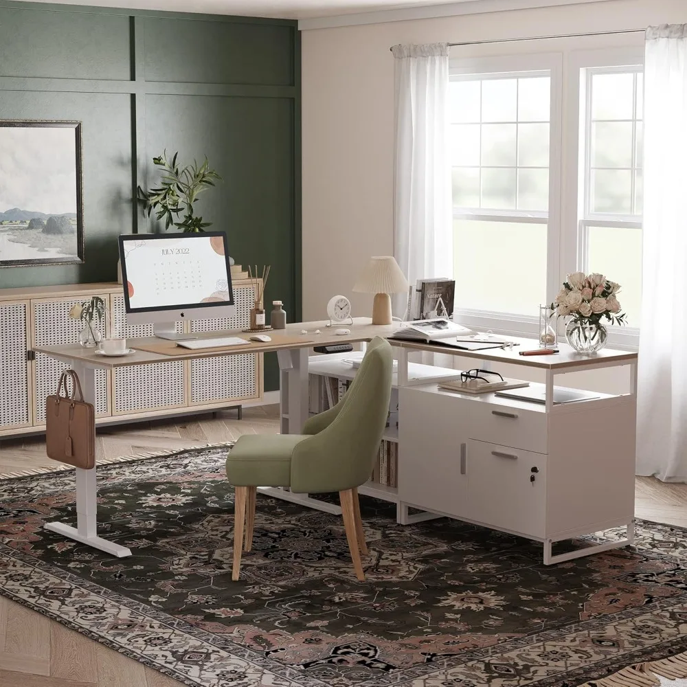 Mesa elétrica em forma de L com armazenamento, altura ajustável da mesa executiva, nogueira clara
