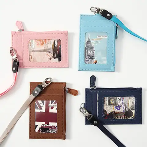 New PU Leather Card Badge Holder with Neck Lanyard Student Bag Coin Purse Case Zipper Office Casual Supplies