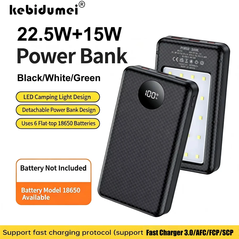 KEBIDUMEI 18650 Batterie-Powerbank 22,5W+15W Schnellladegerät Dual USB Typ C Ladehülle mit Campinglicht für Telefon