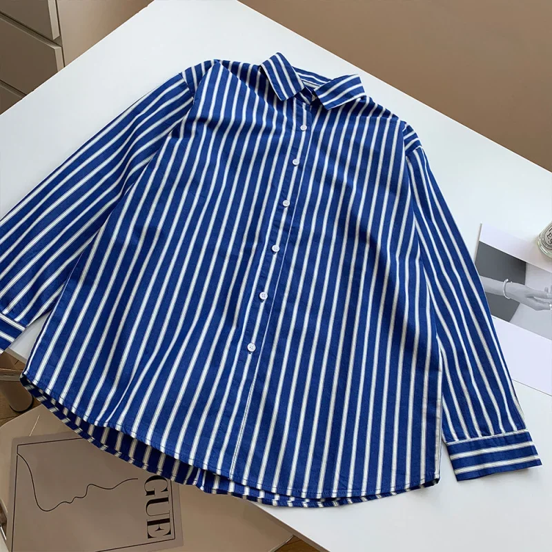 

Весенне-осенняя рубашка в полоску синего и белого цвета в корейском стиле, универсальная повседневная рубашка с длинным рукавом для женщин