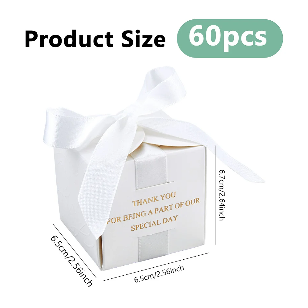 60Pcs Wedding Favor Boxes 6.5x6.5x6.7cm Wedding Party Box with White Ribbons Small Guest Gift Boxes for Bridal Shower