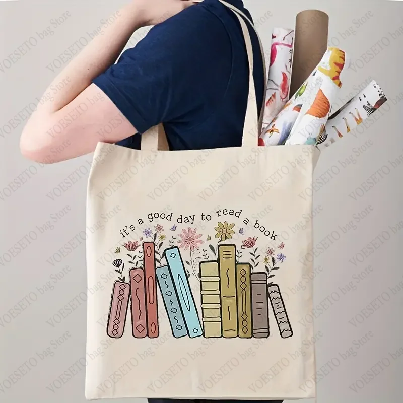 It\'s A Good Day To Read Book Pattern Canvas Shopping Bag Portable Shoulder Bags Large Capacity Tote Bag Gift for Bookish Teacher