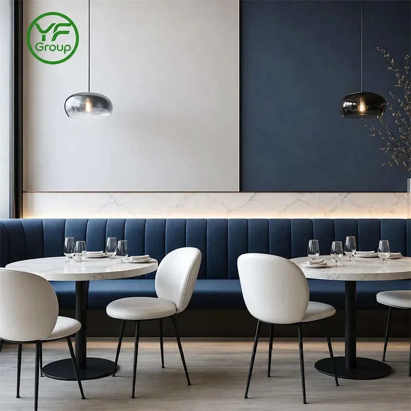 Factory Custom Restaurant Furniture Velvet Fabric Stainless Steel Base Booth Seating with Table Chair Set for Cafe Hotel