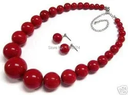 New Beautiful Elegant 6-14mm Red Pearl Coral Round Beads Necklace Earrings Set Woman Girl Wedding Christmas Gifts Wholesale Pric