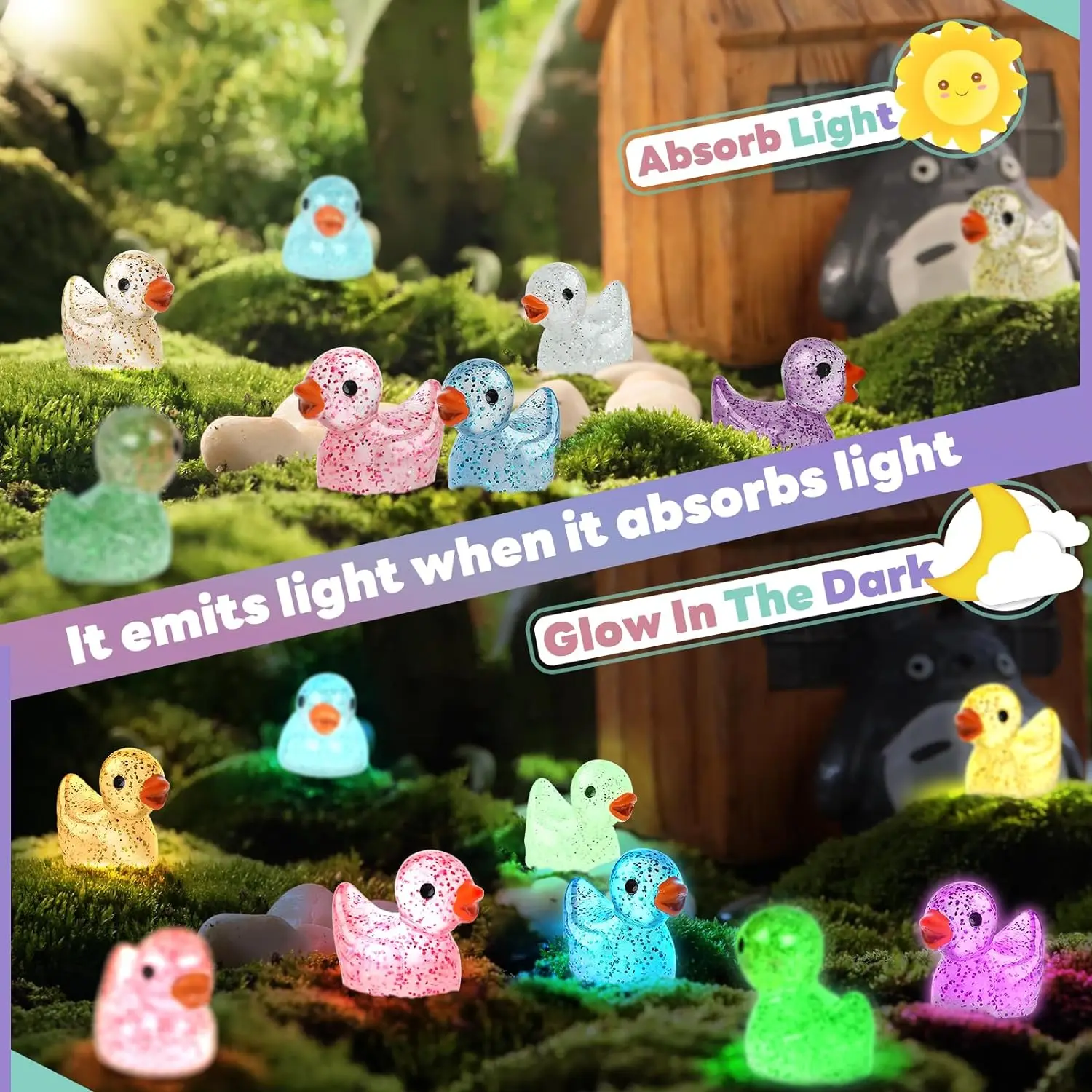 50 Pcs Luminous Mini Resin Ducks Glitter Miniature Figures Tiny Ducks for DIY Fairy Garden Micro Landscape Aquarium Plants Decor