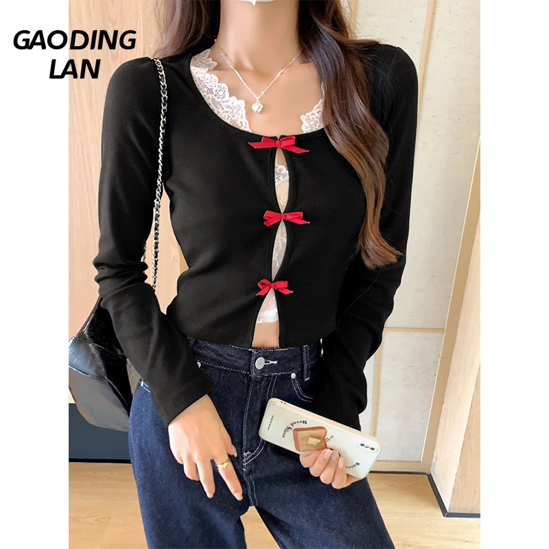 

GAODINGLAN укороченные топы с черным бантом и длинными рукавами, женские облегающие сексуальные футболки с U-образным вырезом, женские осенне-зимние популярные футболки в Корейском стиле