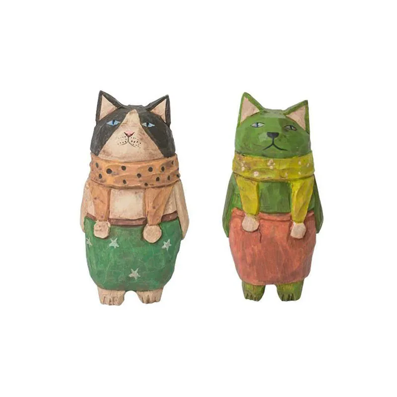 Wear Scarf Cat Figurine Hand Carved Adorable Wooden Kitten Statue Home Party Room Tabletop Decor Ornament