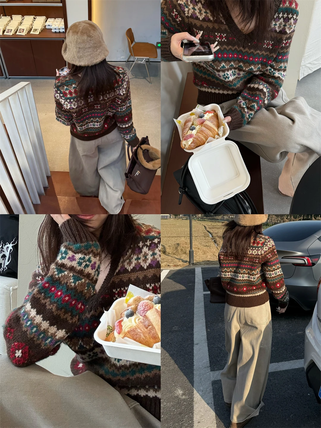 

INE Зимний новый винтажный вязаный свитер с V-образным вырезом и узором Fair Isle, свободный крой, длинный рукав, женский, эксклюзивно онлайн, 100% шерсть