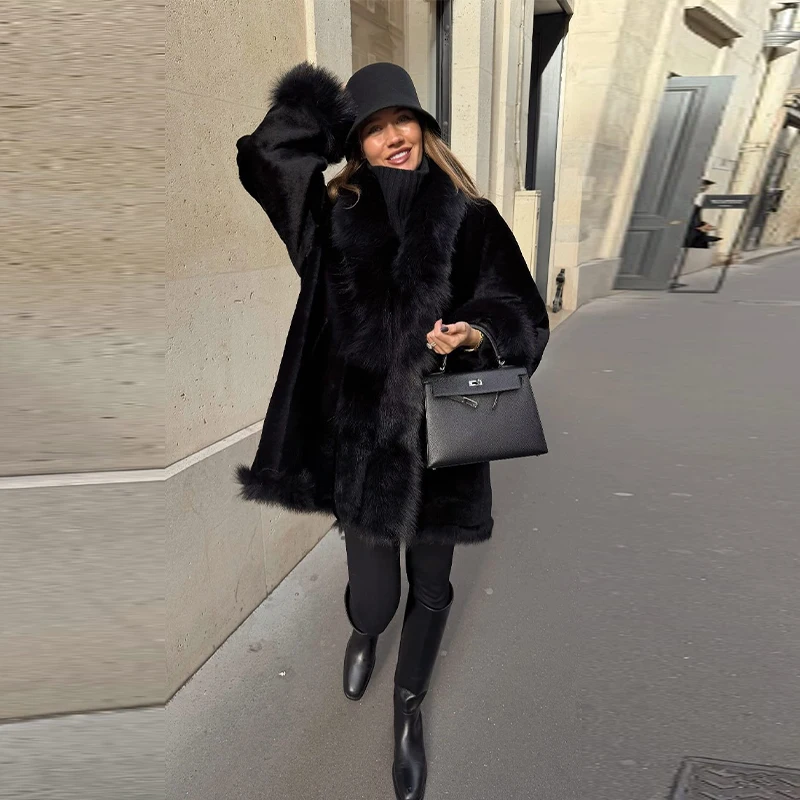 

Elegant Versatile Coat Solid Color Faux Fur Warm Retro Classic Women's Outerwear Designer Trend Sophisticated Lady Street Outfit