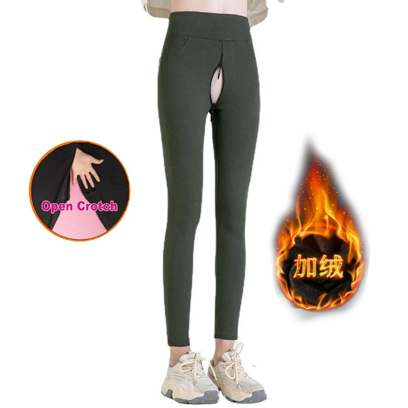 

Women's Open Crotch New Denim Heating Pants Autumn and Winter Warm High Waist Hip Lift Casual Pants Tight Small Foot Velvet