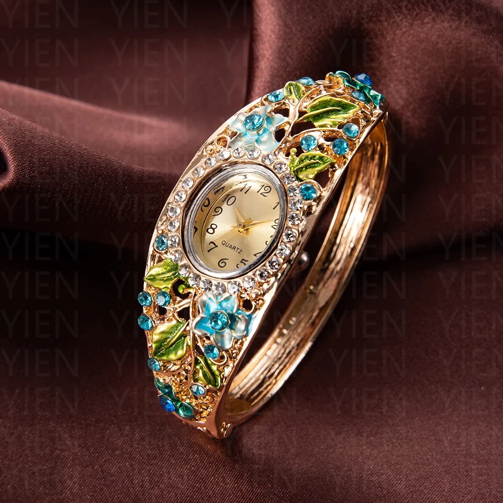 المرأة الإسورة سوار ساعة فاخرة ريترو كريستال زهرة ساعات كوارتز للمرأة موضة أنيقة السيدات ساعات المعصم Reloj Mujer