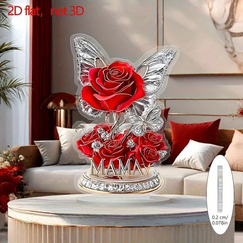 2D Flat, Eternal Red Rose Decoration & Heart-Shaped Desktop Ornament - 2D Flat Plastic Tabletop Centerpiece for Mom, Wife, Girlf