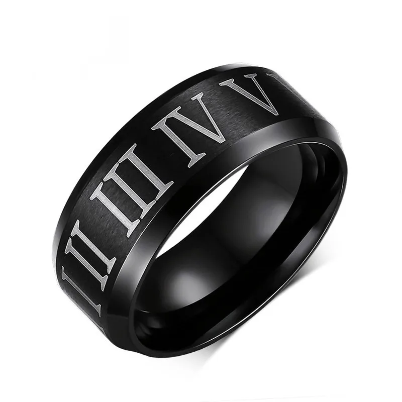 8mm Black Stainless Steel Roman Numeral Laser Etched Ring for Men Women Size 7-14