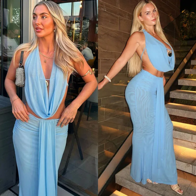 

2025 Y2K See Through 2 Piece Set Women Halter Swing Collar Crop Top Ruched Waist Long Skirt Sexy Club Party Outfit Holiday Dress