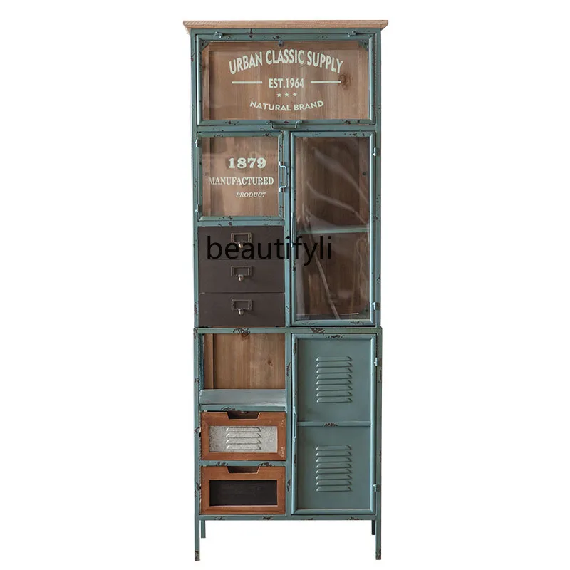 American retro decorative vertical cabinet industrial windshield wrought iron old display storage cabinet