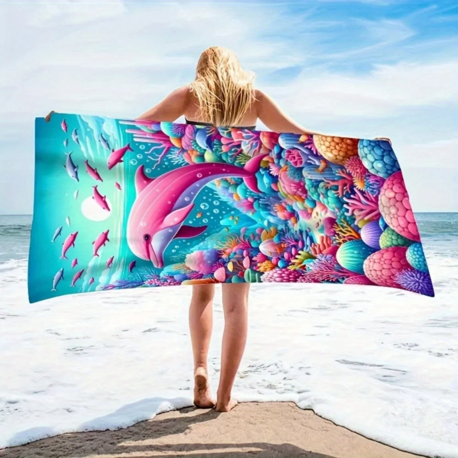 

1pc 2D FLat of Vibrant Dolphin and Coral Beach Towel,Essential Rectangular Towel for Summer Pools,Quick-dry Fabric
